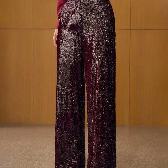 Burgundy Party Women's Contrast Sequin Straight Leg Suit Pants - Picture 8 of 8